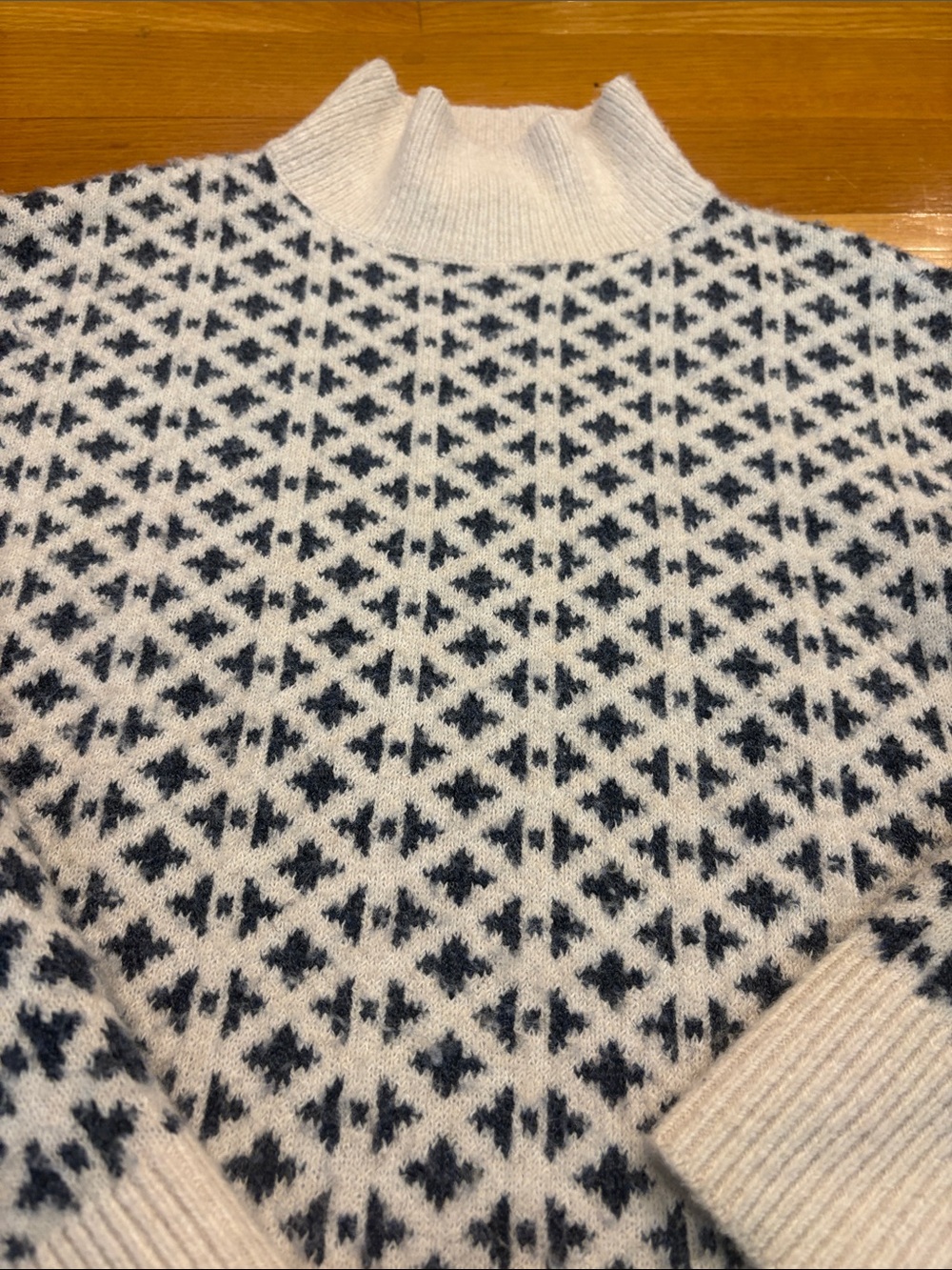 For The Republic Women's White and Navy Turtleneck Patterned Sweater - Picture 2 of 3